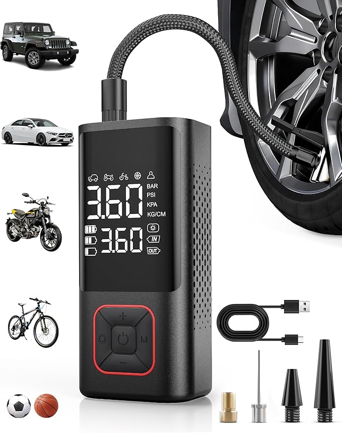 Powools Cordless Tire Inflator 150PSI Portable Air Compressor with Auto Shutoff, Air Pump for Car Tires, Motorcycle, Bike, Balls, Inflatables, LED Light, Red, Standard Capacity