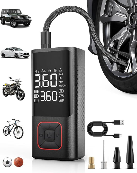 Powools Cordless Tire Inflator 150PSI Portable Air Compressor with Auto Shutoff, Air Pump for Car Tires, Motorcycle, Bike, Balls, Inflatables, LED Light, Red, Standard Capacity