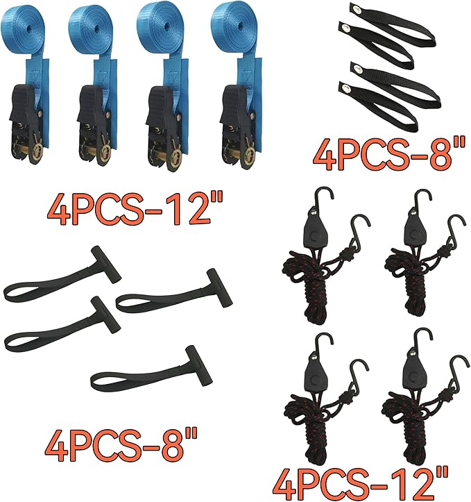 Canoe Ratchet Tie Strap -4 PK -12 FT -1000 LB Breaking Strength - Used for Moving Canoes, skis, Canoes, and paddleboards