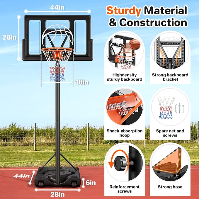 Basketball Hoop Outdoor 10ft Adjustable, Portable Basketball Hoop Goal System for Kids Youth and Adults in Backyard/Driveway/Indoor, 44 Inch Shatterproof Backboard and Larger Base