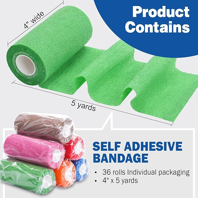 AZEN 36 Pack Self Adhesive Bandage Wrap, 4" X 5 Yards Elastic Cohesive Bandage Wrap, Color Athletic Tape, Tattoo Grip Tape Wrap, Vet Wrap, Ankle Tape