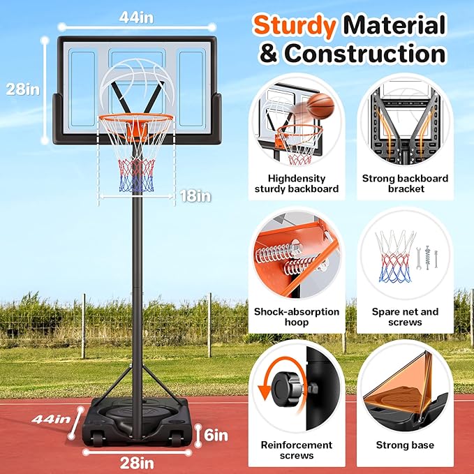 Basketball Hoop Outdoor 10ft Adjustable, Portable Basketball Hoop Goal System for Kids Youth and Adults in Backyard/Driveway/Indoor, 44 Inch Shatterproof Backboard and Larger Base