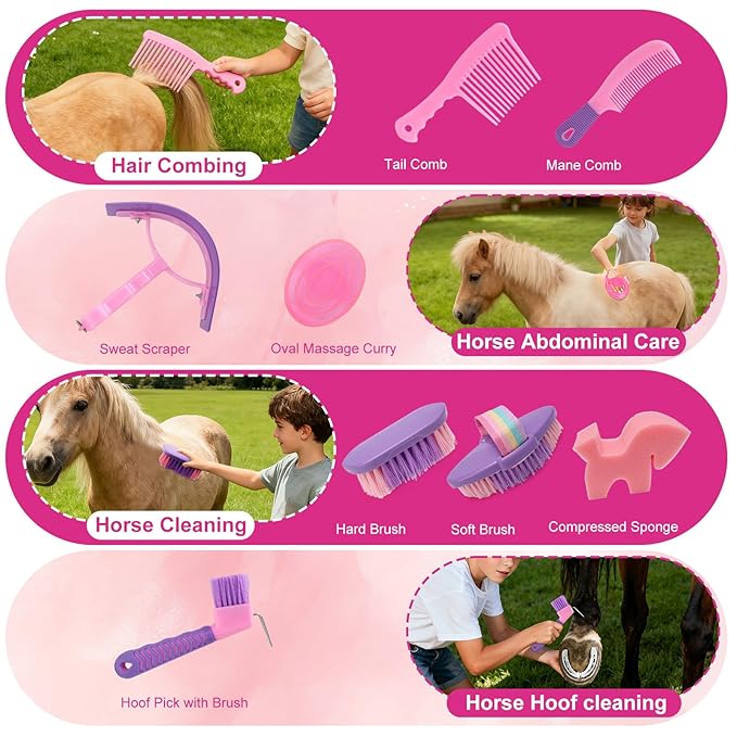 Horse Grooming Kit, Horse Brushes for Grooming Supplies Set with Organizer Bag, Horses Tack Brush Set for Effective Grooming and Cleaning, Gift for Horse Riders Beginners, Pink