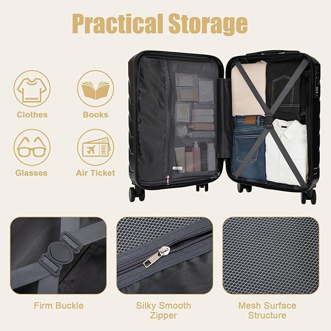 20 Inch ABS Hard Shell Travel Checked Luggage With Combination Lock, Black