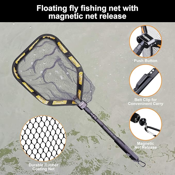 PLUSINNO Floating Fishing Net for Steelhead, Salmon, Fly, Kayak, Catfish, Bass, Trout Fishing, Rubber Coated Foldable Landing Net with Fixed or Telescoping Pole Handle, Fishing Gear and Gifts for Men