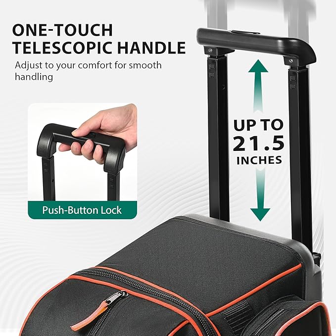 GoHimal ダブルローラー 2ボール ボーリングバッグ シューズ用セパレートコンパートメント付き (USメンズサイズ15まで対応)、特大アクセサリーポケット、格納式ハンドル - 40インチまで延長可能
