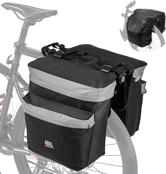 KEMIMOTO Bike Bag Panniers with Rain Cover, 34L Waterproof Bicycle Saddle Bag for Rear Rack Mountain Biking Bags Storage, Ebike Accessories for Commuter Grocery Shopping Travel Carrier, Grey