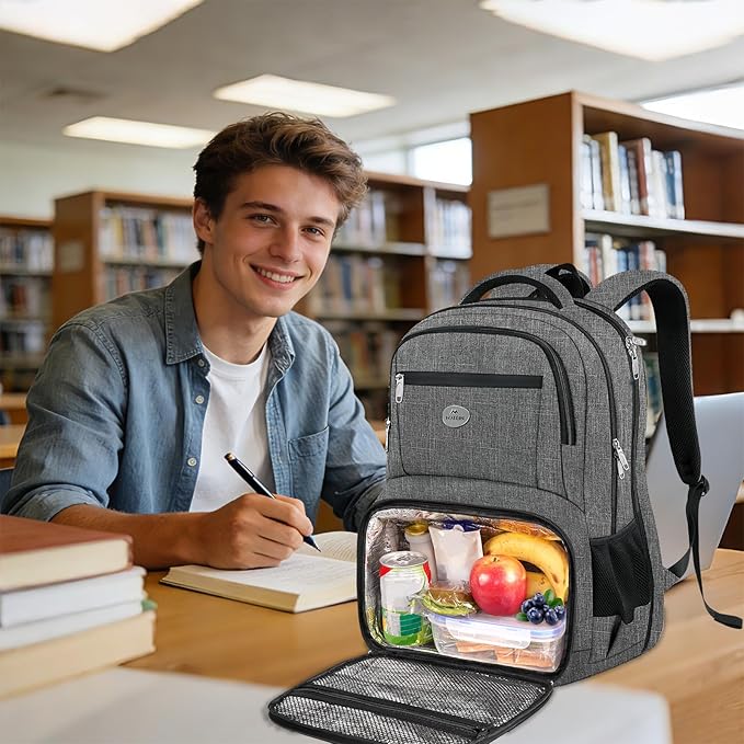 MATEIN Laptop Backpack with Lunch Box, 18 Inch Gray Mens Work Backpack for Office Commute College, Personal Item Insulated Lunch Work Bag for Traveling, Heavy Duty Travel Back Pack with Luggage Strap