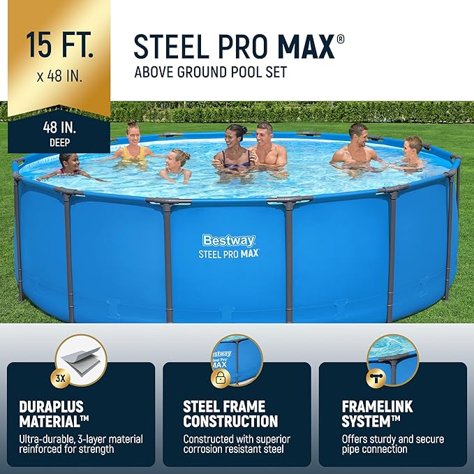 Bestway Steel Pro MAX 15’ x 48" Above Ground Pool, Round Metal Frame Outdoor Swimming Pool for Backyard, Blue, Pool ONLY