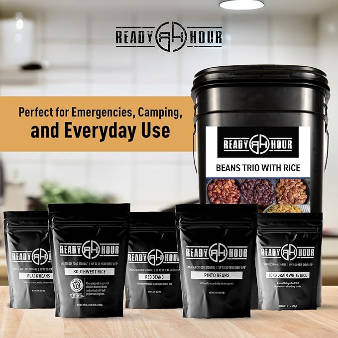 Ready Hour 豆トリオとライスバケツキット (100食) サバイバル豆と米、保存食、非常用食料、プレッパー、簡単調理、保存期間30年