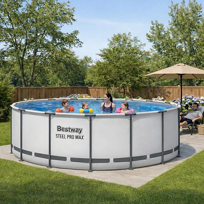 Bestway Steel Pro MAX 15' x 48" Above Ground Pool, Round Metal Frame Outdoor Swimming Pool Set with Filter Pump, Ladder, and Cover, Gray