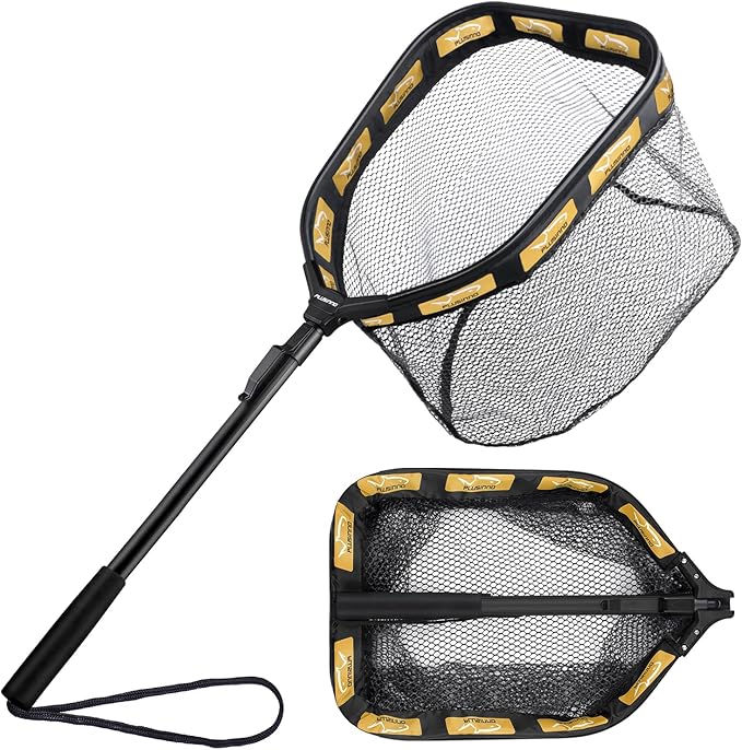 PLUSINNO Floating Fishing Net for Steelhead, Salmon, Fly, Kayak, Catfish, Bass, Trout Fishing, Rubber Coated Foldable Landing Net with Fixed or Telescoping Pole Handle, Fishing Gear and Gifts for Men