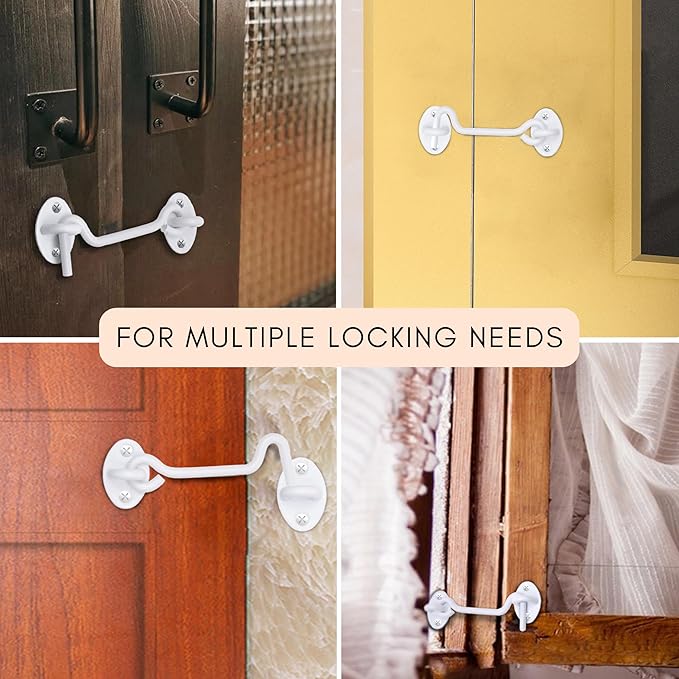 Eco-Fused 6-inch Heavy Duty Hook and Eye Latch - 1x Barn Door Lock (White), 4X Mounting Screws - Powder Coated Stainless Steel Hooks for Door, Windows, Sheds, Fences, Gates, Closets, Cabinets