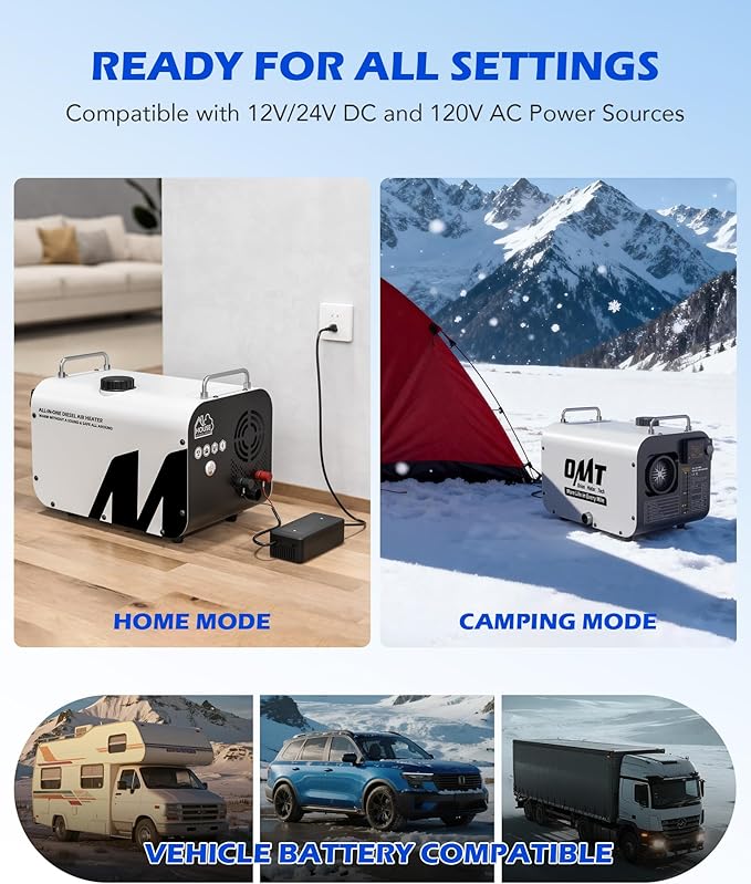 Orion Motor Tech Portable Diesel Heater, 8kW Camper Heater with CO Alarm Auto Shutoff, Diesel Parking Heater for Car Truck Boat RV with 1.7gal Tank Bluetooth Remote Control for 12/24V DC 110V Power