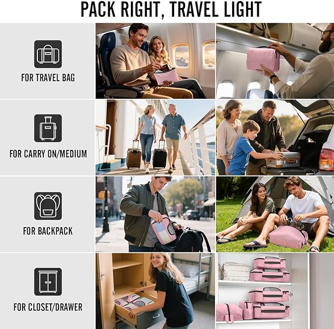 Veken 8セットパッキングキューブ トラベルエッセンシャル用 スーツケース整理バッグ 4サイズ 機内持ち込み手荷物アクセサリー 大容量ランドリーバッグ&吊り下げ式トイレタリーバッグ付き 飛行機、ロードトリップ、キャンプの必需品