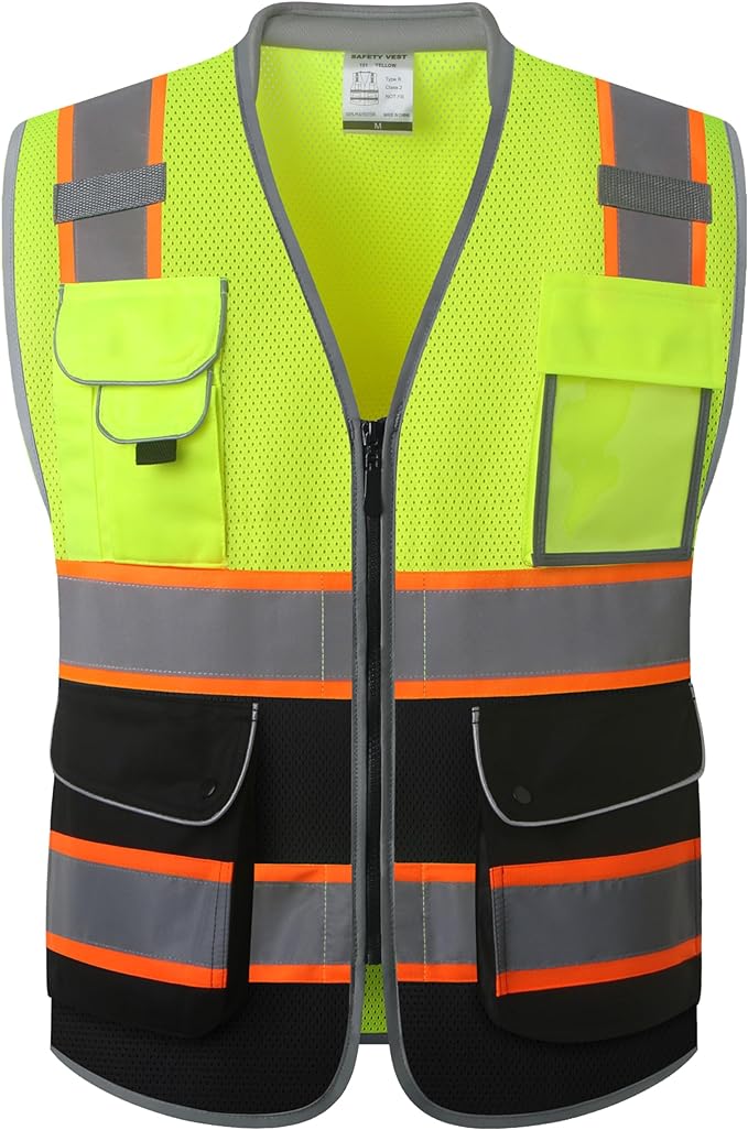 JKSafety 9 Pockets Class 2 Hi-Vis Safety Vest High Visibility Reflecitive Mesh Safety Vests for Men and Women Cushioned Collar Work Utility PPE Work Gear ANSI/ISEA compliant (101-YBlack XXL)