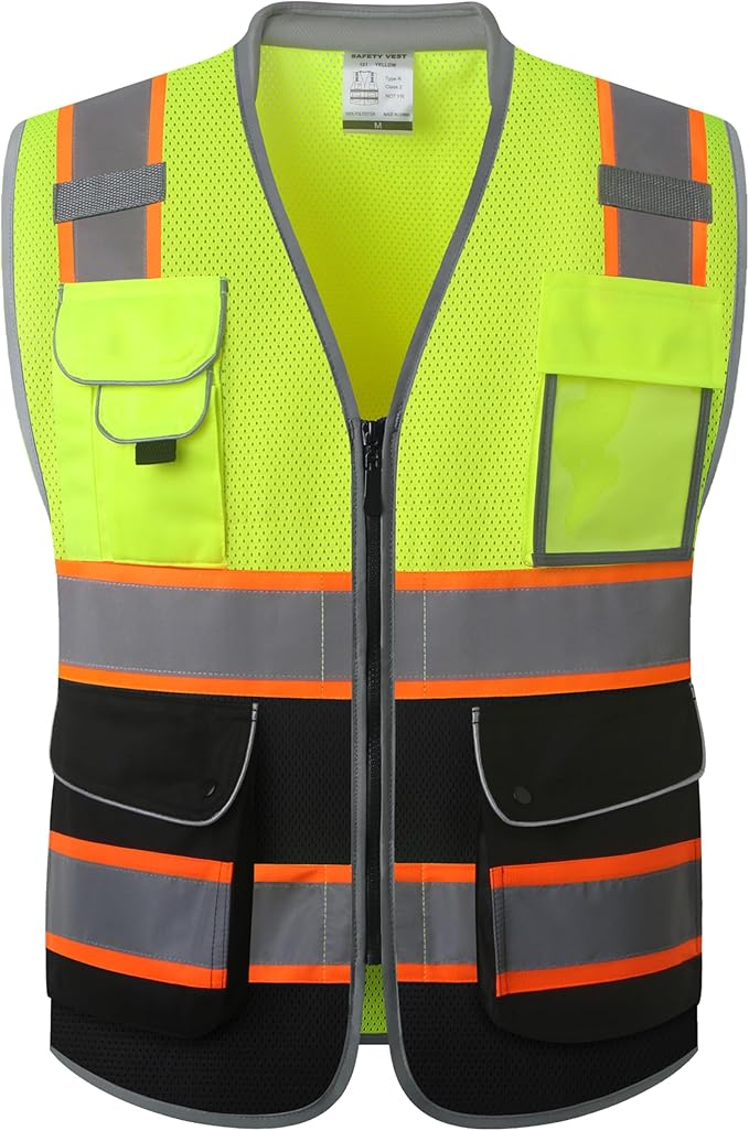 JKSafety 9 Pockets Class 2 Hi-Vis Safety Vest High Visibility Reflecitive Mesh Safety Vests for Men and Women Cushioned Collar Work Utility PPE Work Gear ANSI/ISEA compliant (101-YBlack 3XL)