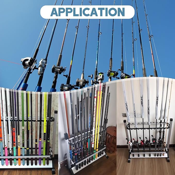 Fishing Rod Rack, Fishing Rod Organizer, Portable Fishing Rod Holder for All Poles, Hold 24 Rods, Aluminum Alloy Silver Black Rod Holder (24 Rods Rack)