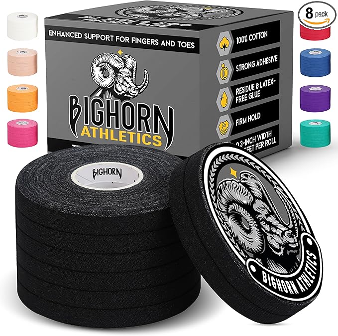 Bighorn Athletics Jiu Jitsu Finger Tape | Residue-Free Athletic Finger Tape for Sports & Injuries: Rock Climbing, Volleyball, Football, Basketball, Hands & Toes | 0.3-Inch x 45-feet, 8-Rolls, Black
