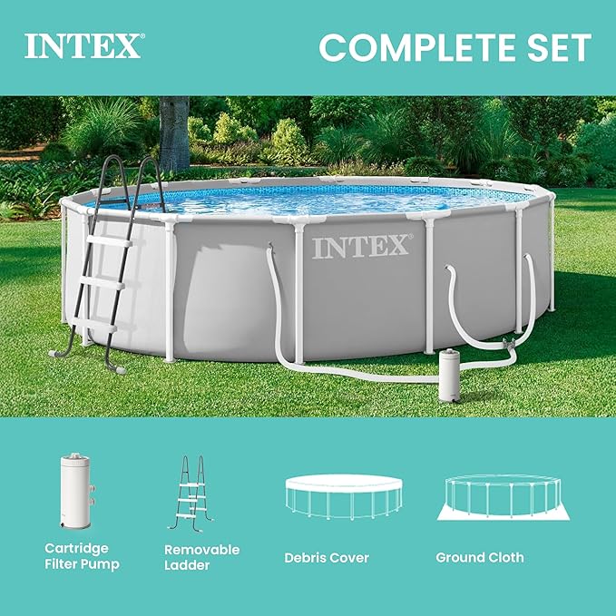 INTEX Prism Frame 14フィート x 42インチ 地上プールセット、ラウンドスチールフレームプール、1000GPHカートリッジフィルターポンプ、はしご、カバー、グランドクロス