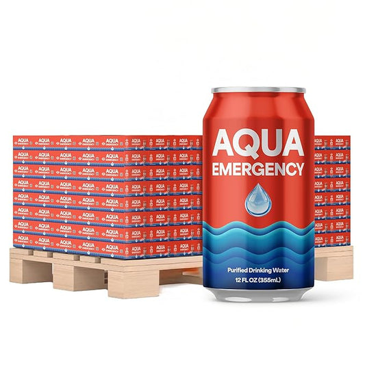Aqua Emergency Drinking Canned Water- (2400 Cans) 12 fl Oz (50 Years) Shelf Life for Everyday Hydration, Emergency, Survival Use-Purified via Reverse Osmosis | Plant-Based, BPA Free, Eco-Friendly Packaging, Made in USA -100 Case