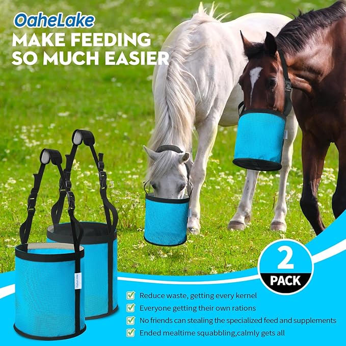 Horse Feed Bag 2 PCs, Breathable Mesh Feed Bags for Horses, Muzzle Feedbag for Feeding Grain, Anti-Spill Design Feeder, Soft Neck Pad Nose Pad, Universal Fit (Sky Blue)