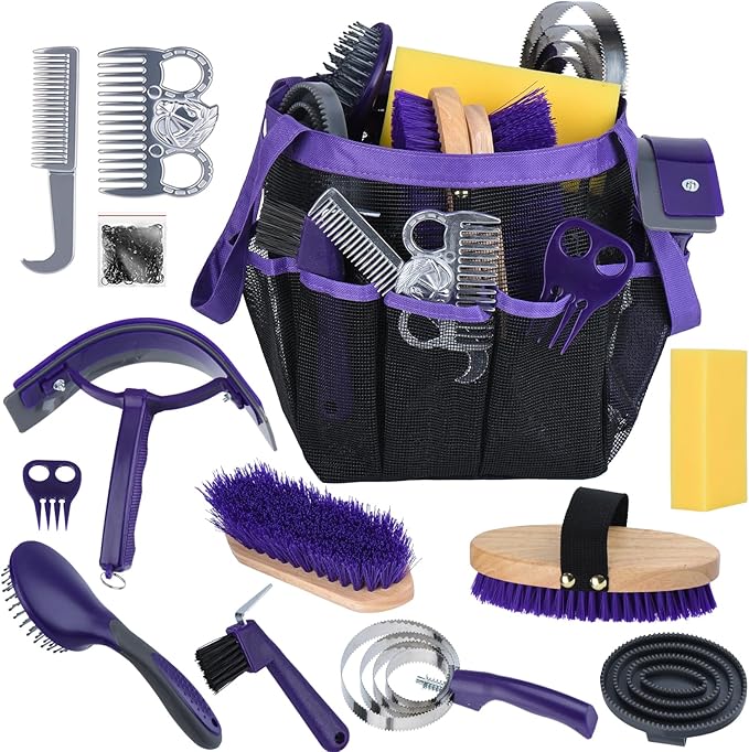 13 Piece Horse Grooming Kit, Complete Horse Brush Set & Curry Comb, Horse Brushes for Grooming with Tote Bag, Tack Room Supplies for Effective Bathing Massaging, Gift for Horses Owners (Purple)