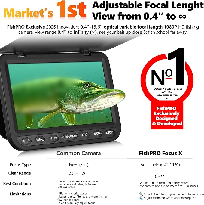 [FishPRO® 𝟐𝟎𝟐𝟔 New] [Adjustable Focus] NO.1 HD 1080P Underwater Fishing Camera 7'' IPS, w/DVR-32GB -10,000mAh, Ice Fishing Camera Underwater, Fish Finder for Boat Ice Lake Fish, USB-C/LED+IR/82FT