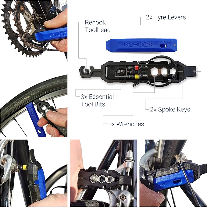 Rehook PLUS - Lightweight Bike Multi Tool for Cyclists. Includes Tyre Levers, Spoke Keys, Chain Tool, Wrench, Hex, Screwdriver