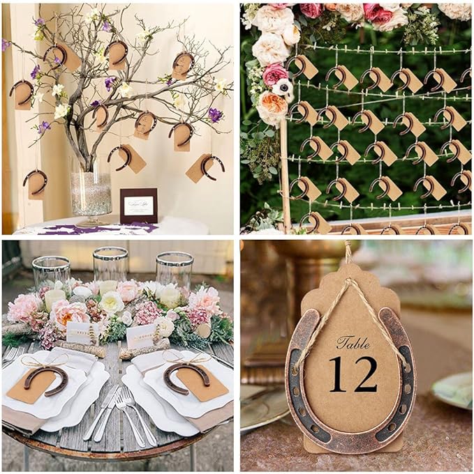 AerWo 20pcs Good Lucky Horse Shoes with Kraft Tag, Metal Mini Craft Horseshoes Decorations for Rustic Vintage Wedding Party Decor Western Party Decorations