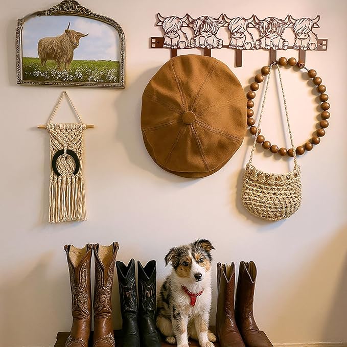Highland Cow Over The Door Hooks Hanger Wall Mount Towel Hanger Door Holder Organizer 5 Hooks Kawaii Farmhouse Rustic Coquettish Style Decor for Bedroom Bathroom Towel Hat Clothes