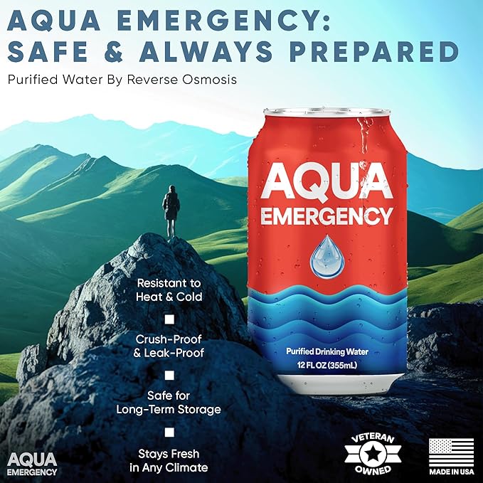 Aqua Emergency Drinking Canned Water- (24 Cans) 12 fl Oz (50 Years) Shelf Life for Everyday Hydration, Emergency, Survival Use-Purified via Reverse Osmosis | Plant-Based, BPA Free, Eco-Friendly Packaging, Made in USA-1 Case