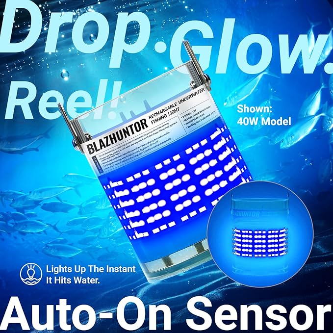 Rechargeable Underwater Fishing Light,Auto On in Water,Multi-Color Options, Up to 16000lm, IP68 Waterproof,No External Power,Cordless,Night Boat Dock Ice Fishing