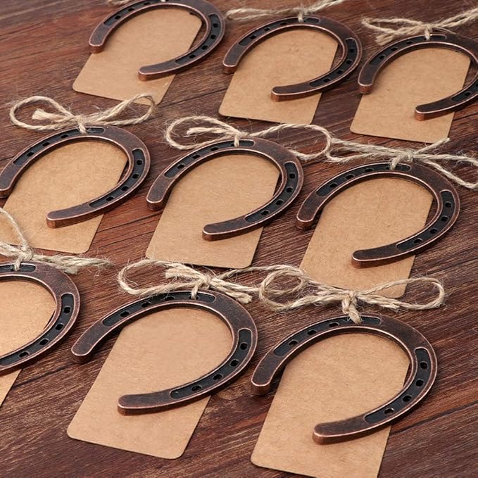 AerWo 20pcs Good Lucky Horse Shoes with Kraft Tag, Metal Mini Craft Horseshoes Decorations for Rustic Vintage Wedding Party Decor Western Party Decorations