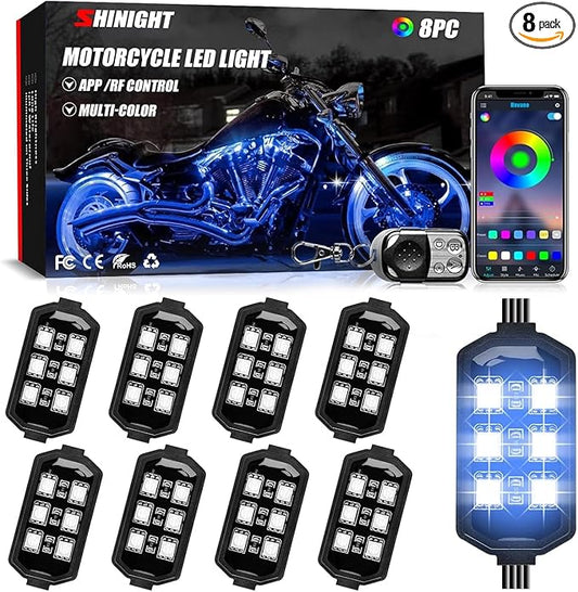 SHINIGHT 8 Pcs Motorcycle LED Light Kits, App Control Multicolor Waterproof Motorcycle LED Strip Lights with RF Remote, Music Sync & Multiple Scene Modes RGB LED Lights for Motorcycles