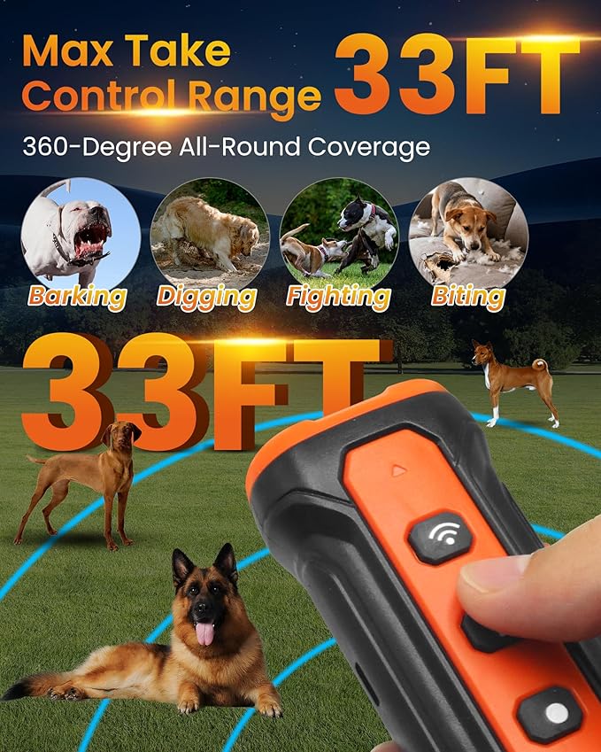 Sonic Bark Deterrents, Anti Barking Device for Dogs with 3X Sonic Emitters - 33ft Range, Rechargeable, 5 Modes, Humane & Portable Behavior Corrector for Indoor Outdoor Use.