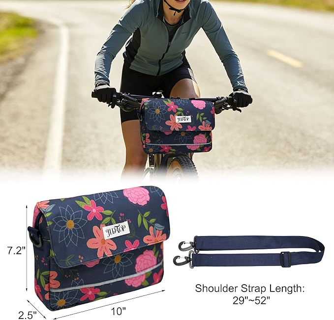 Bike Handlebar Bag, 2.9L Waterproof Bicycle Front Basket Bag with Reflective Strip, Convertible Shoulder Bag for Women, Floral Bike Pouch for Cycling Commuting Outdoor (Blue Floral)