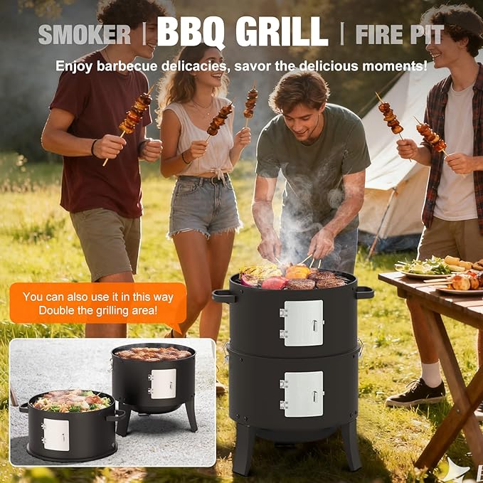 16" Charcoal Smoker, 3 in 1 Heavy Duty Vertical Barbecue Grill, Outdoor Fire Pit 402 Square Inches Cooking Area, Versatile Outdoor Smoker Grill, Black