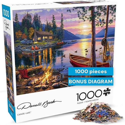 Buffalo Games - Canoe Lake 1000 Piece Puzzle for Adults - Jigsaw Puzzles – Darrell Bush Cabin Sunset Artwork with Poster – Challenging Outdoor Nature Scene