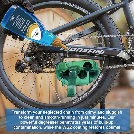Bike Chain Lubricant and Cleaner Set - WS2 Wax Coating, Degreaser 10oz, Lubricant 4oz with Scrubber Brush Tool - Complete Bike Chain Care Set