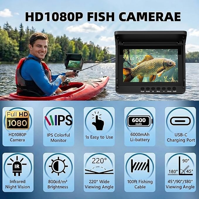 Underwater Fishing Camera, 5 Inch IPS LCD Screen Fishing Camera w/Infrared Night Vision, 6000mAh Ice Fishing Camera, Portable Fish Finder w/100ft Cable for Ice Lake Boat Kayak Fishing