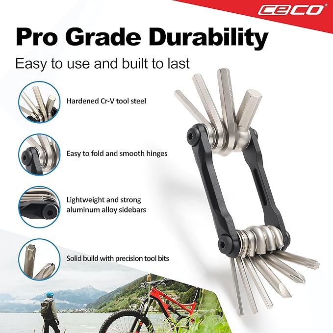 CECO USA 10 Function Bike Tool, Bicycle Multi Tool, Heavy Duty, Compact Pocket Sized, Lightweight, High Strength CR-V 6150 Tool Steel, Easy To Carry, Case Pouch Included, Original