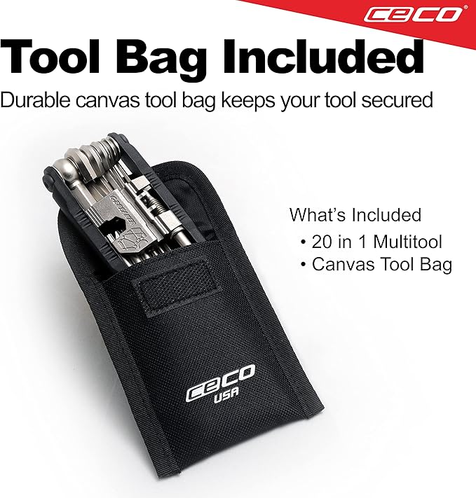 CECO USA 20 Function Bike Tool with Chain Breaker, Bicycle Multi Tool, Heavy Duty, Compact Pocket Sized, Lightweight, High Strength CR-V 6150 Tool Steel, Easy To Carry, Case Pouch Included