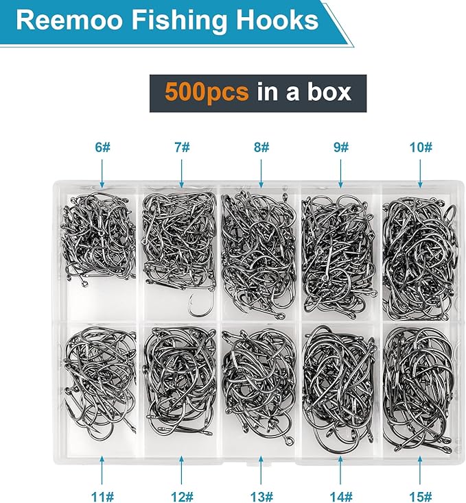 500PCS/100PCS ReeMoo Premium Fishing Hooks, 10 Sizes/4 Sizes Carbon Steel Fishing Hooks W/Portable Plastic Box, Strong Sharp Fish Hook with Barbs for Freshwater/Seawater