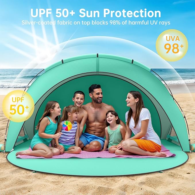 Beach Tent Sun Shelter, Beach Shade Tent with UPF50+ UV Protection, Sun Shelter for 1-6 Person, Beaches Shade with 2 Zippered Doors, Portable Tents for Camping Fishing, Green