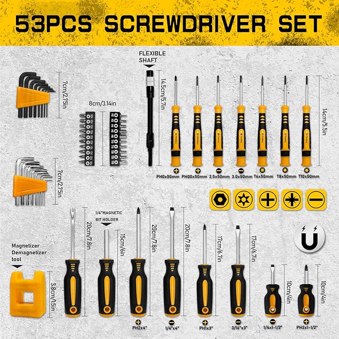 53-piece Magnetic Screwdrivers Set with Case,Phillips, Hex, Pozidriv,Torx and Precision Screwdriver Set, Magnetizer Demagnetizer Tools, Replaceable Screwdriver Bits With Sturdy tool box