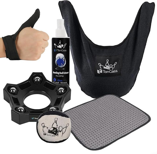 TonGass Bowling Basics Accessories Set, Microfiber Bowling Ball Seesaw Towel, Bowlings Cleaner Spray and Thumb Saver Protector (Right) Kit, Microfiber Ultra Dry Grip Balls, Bowlings Rotating Ball Cup