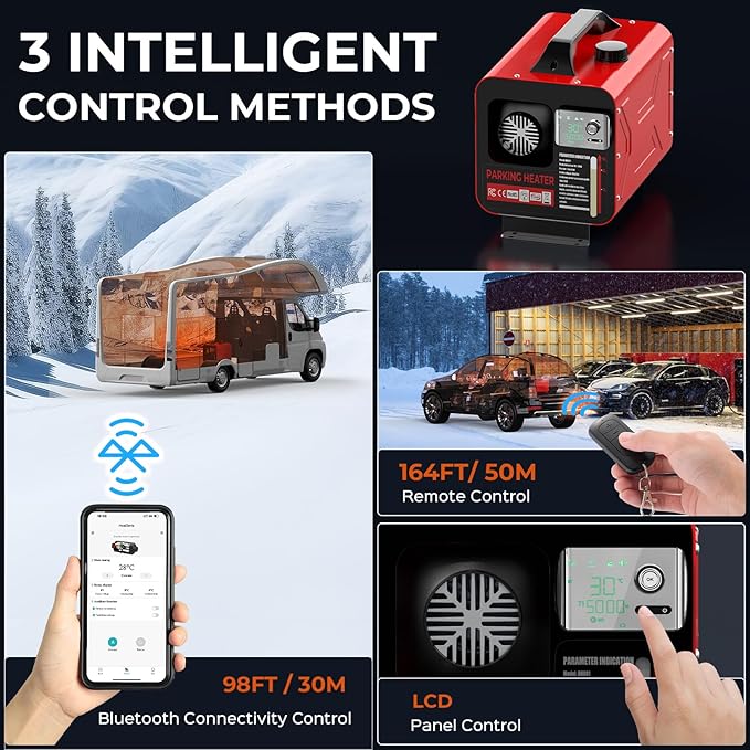 ディーゼルヒーター 12V/24V/110V、オールインワン 8KW アプリ制御 リモコン LCDディスプレイ付き、ポータブルエアヒーター 高速加熱 低騒音、RVトラック車ショップガレージハウス用電源アダプター付き