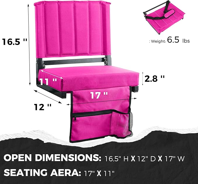 SPORT BEATS Stadium Seats with Back Support Bleacher Chairs with Back and Cushion Thick Padded Bleacher Seats Includes Shoulder Strap Pink 1pc Standard