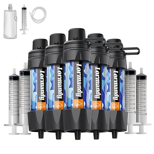 ストロー浄水器5個セット – 家族用アウトドアキャンプ＆ハイキングサバイバルギアキット、バックパッキング、旅行、緊急時持ち出しバッグ、災害対策用の超軽量携帯用浄水ストロー